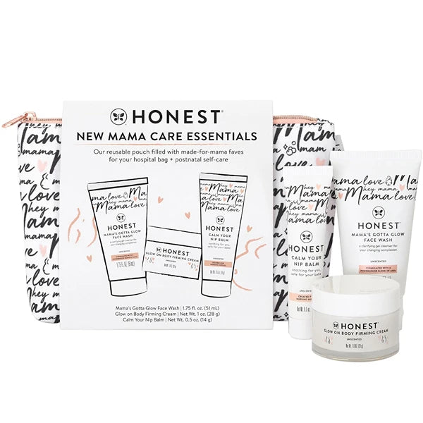 The Honest Company Mama Care Essentials Gift Set + Mama Calm Your Nip Balm | Postpartum Hospital Bag Must Haves | Travel Size Skincare Set with Reusable Pouch | Soothing Nipple Cream for Nursing