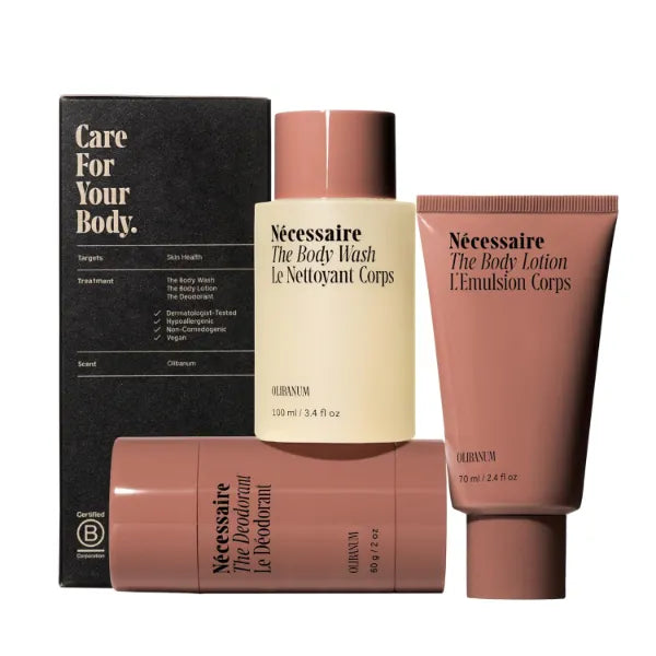 Nécessaire Body Essentials - Skin Care Gift Set For Women + Men - Travel-Size Body Wash, Body Lotion + Deodorant | Dermatologist-Tested. Hypoallergenic | Vegan | Aluminum-Free Deodorant