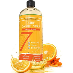 Seven Minerals Pure Castile Soap - No Palm Oil, GMO-Free - Gentle Liquid Soap For Sensitive Skin & Baby Wash - All Natural Vegan Formula with Organic Carrier Oils (33.8 fl oz)