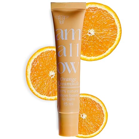 Amallow All Natural Tallow Lip Balm Squeezable Tube Grass Fed/Finished Beef Tallow + Organic Beeswax & Vanilla & Orange Essential Oils