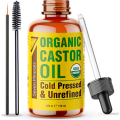 Seven Minerals Organic Castor Oil for Hair, Lashes & Brows – 100% Pure Cold Pressed with Vitamin E & Botanical Oils | Hydrating Growth Serum (4 fl oz)