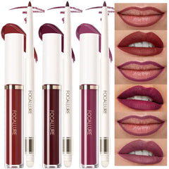 FOCALLURE KISSPROOF 6Pcs Liquid Lipstick & Lip Liner Set, 3 Highly Pigmented Lip Gloss, 3 Matte Lip Crayons with Built-in Sharpener, Non-Stick Cup Lips Makeup Gift for Women