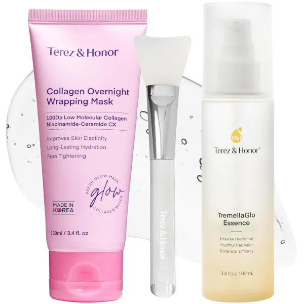 TEREZ & HONOR Collagen Night Wrapping Peel-Off Mask & TremellaGlo Essence Serum Duo – Korean Skincare for Hydration, Elasticity & Glow