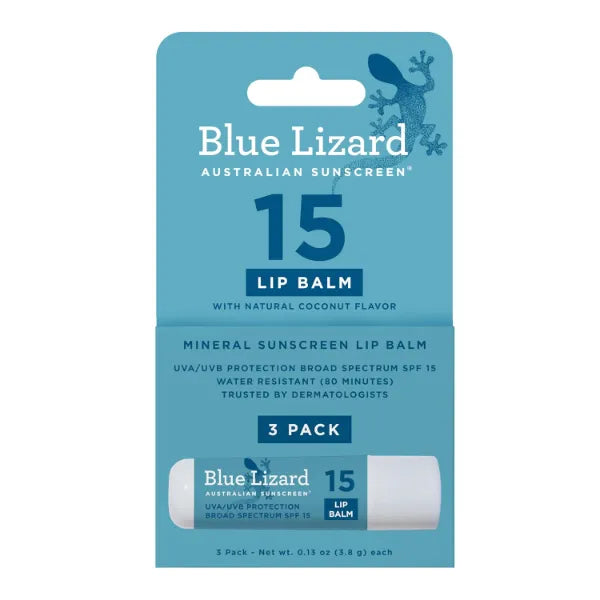BLUE LIZARD Mineral SPF 15 Lip Balm Pack – Broad Spectrum Sun Protection with Coconut Flavor, Natural Oils & Kakadu Plum 0.13 (Oz)