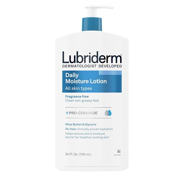 Lubriderm Fragrance-Free Daily Moisture Lotion with Pro-Ceramide, Shea Butter & Glycerin – Face, Hand & Body Moisturizer for Sensitive Skin, 24 fl oz Each (Single or Pack of 3)