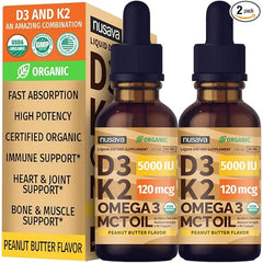 NUSAVA Organic Vitamin D3 K2 Drops with MCT Oil Omega 3, 5000 IU, Maximum Strength Vitamin D Liquid, No Fillers, Non GMO Liquid D3 for Faster Absorption, Immune Support