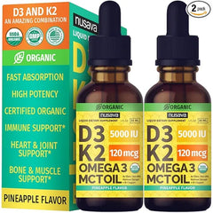 NUSAVA Organic Vitamin D3 K2 Drops with MCT Oil Omega 3, 5000 IU, Maximum Strength Vitamin D Liquid, No Fillers, Non GMO Liquid D3 for Faster Absorption, Immune Support