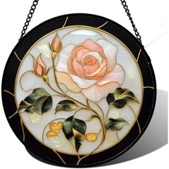 AMDERVEN Pink Rose Stained Glass Window Hanging Suncatcher Gifts for Women 6.3