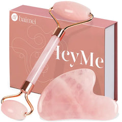 BAIMEI IcyMe Rose Quartz Roller & Gua Sha Facial Tool Set for Depuffing