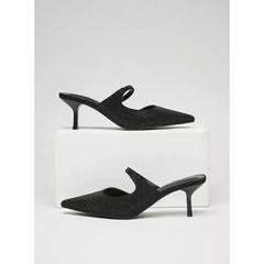 MAX FASHION Embellished Pointed Toe Mules with Stiletto Heels-Black
