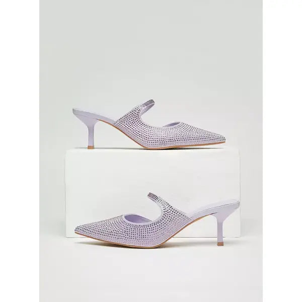 MAX FASHION Embellished Pointed Toe Mules with Stiletto Heels-Purple