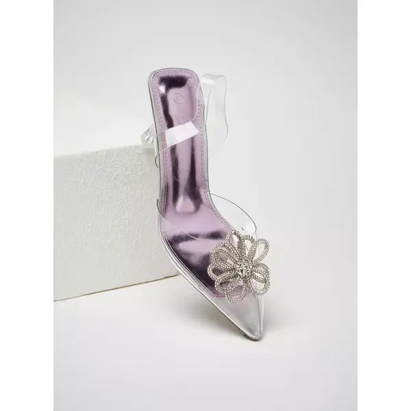 MAX FASHION Embellished Slingback Mule Sandals with Stiletto Heels-Silver