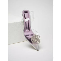 MAX FASHION Embellished Slingback Mule Sandals with Stiletto Heels-Silver