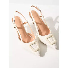 MAX FASHION Embellished Pointed Toe Pumps with Slingback and Stiletto Heels-White