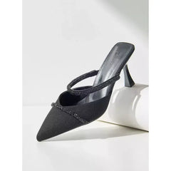 MAX FASHION Embellished Slip-On Pointed Toe Sandals with Stiletto Heels-Black