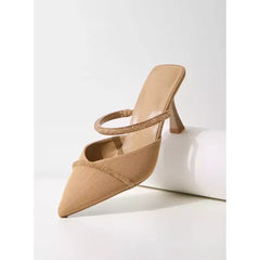 MAX FASHION Embellished Slip-On Pointed Toe Sandals with Stiletto Heels-Brown