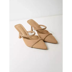 MAX FASHION Embellished Slip-On Pointed Toe Sandals with Stiletto Heels-Brown