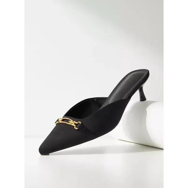 MAX FASHION Metallic Accent Slip-On Mules with Kitten Heels-Black