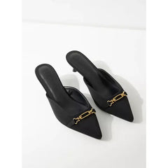 MAX FASHION Metallic Accent Slip-On Mules with Kitten Heels-Black