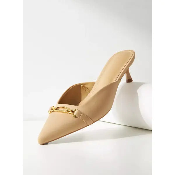 MAX FASHION Metallic Accent Slip-On Mules with Kitten Heels-Cream
