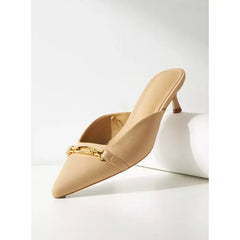 MAX FASHION Metallic Accent Slip-On Mules with Kitten Heels-Cream