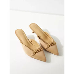 MAX FASHION Metallic Accent Slip-On Mules with Kitten Heels-Cream