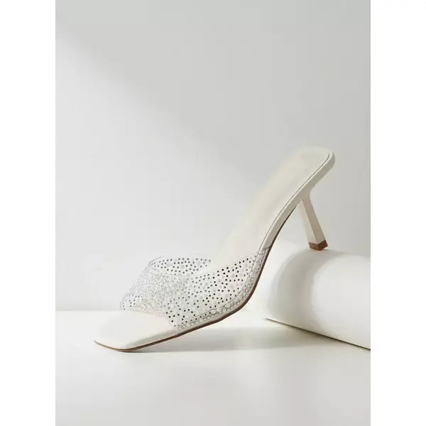 MAX FASHION Embellished Slip-On Square Toe Sandals with Stiletto Heels-Cream