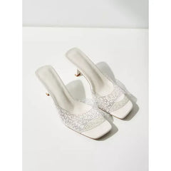 MAX FASHION Embellished Slip-On Square Toe Sandals with Stiletto Heels-Cream