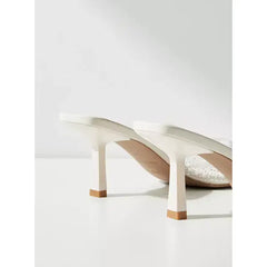 MAX FASHION Embellished Slip-On Square Toe Sandals with Stiletto Heels-Cream