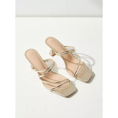 MAX FASHION Textured Slip-On Sandals with Flared Heels
