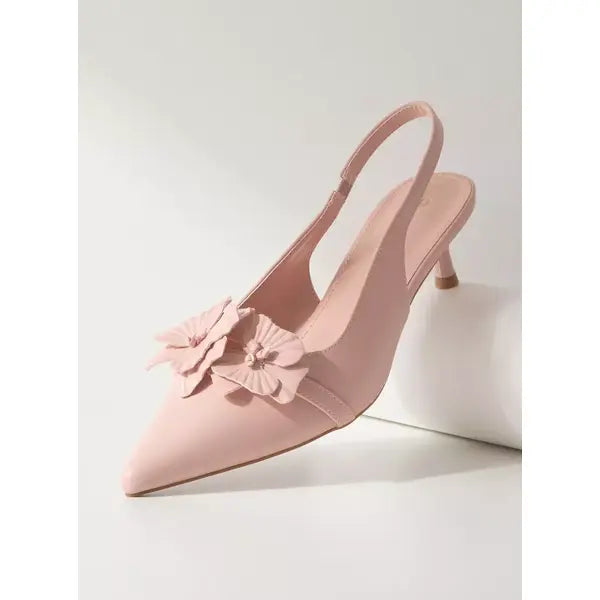 MAX FASHION Floral Detail Slingback Kitten Heel Shoes-Pink