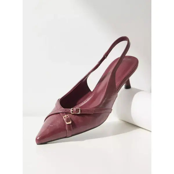 MAX FASHION Buckle Accent Slingback Shoes with Kitten Heels-Red