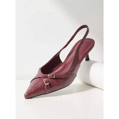 MAX FASHION Buckle Accent Slingback Shoes with Kitten Heels-Red