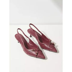 MAX FASHION Buckle Accent Slingback Shoes with Kitten Heels-Red