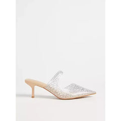 MAX FASHION Embellished Pointed Toe Slip-On Mules with Stiletto Heels-cream