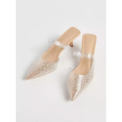 MAX FASHION Embellished Pointed Toe Slip-On Mules with Stiletto Heels-cream