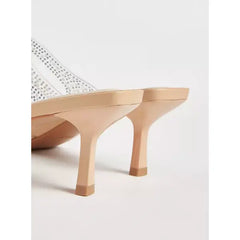MAX FASHION Embellished Pointed Toe Slip-On Mules with Stiletto Heels-cream