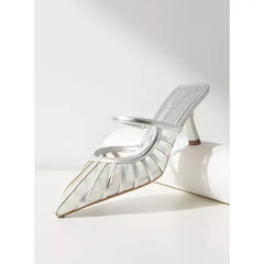 MAX FASHION Panelled Mules with Kitten Heel-Silver