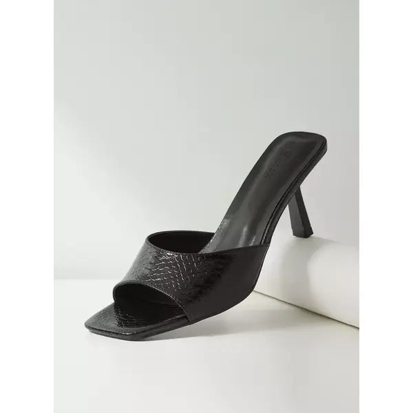MAX FASHION Textured Slip-On Sandals with Stiletto Heels-Black