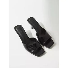 MAX FASHION Textured Slip-On Sandals with Stiletto Heels-Black