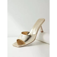 MAX FASHION Textured Slip-On Sandals with Stiletto Heels-Gold
