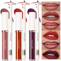 FOCALLURE KISSPROOF 6Pcs Liquid Lipstick & Lip Liner Set, 3 Highly Pigmented Lip Gloss, 3 Matte Lip Crayons with Built-in Sharpener, Non-Stick Cup Lips Makeup Gift for Women