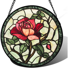 AMDERVEN Pink Rose Stained Glass Window Hanging Suncatcher Gifts for Women 6.3