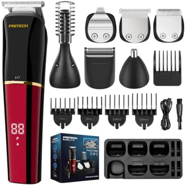 PRITECH Beard Trimmer for Men, 6 in 1 Hair Clippers Kit, Precision Cordless Grooming Kit Waterproof IPX6 for Beard, Hair, Body, Nose, Ear, with Foil Razor