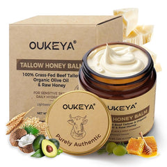 OUKEYA Natural Beef Tallow Cream – Nourishing Face & Body Balm with Honey, Vitamin E & Essential Oils for Deep Hydration, Firming & Sensitive Skin | 100g/110g