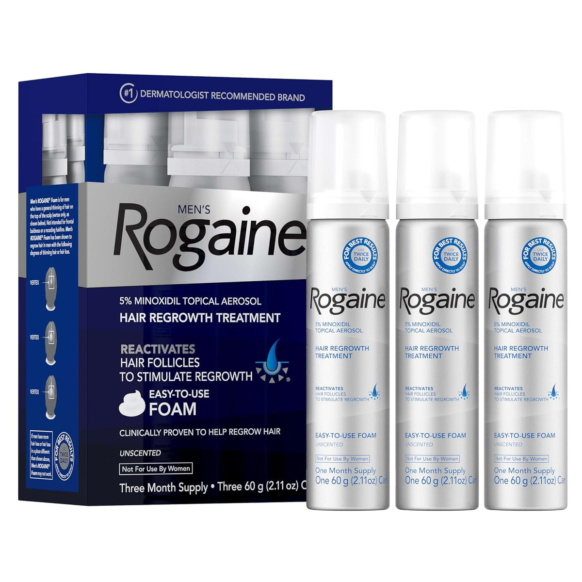 Rogaine Men’s Rogaine 5% Minoxidil for Men Foam, Clinically Proven Regrowth for Thinning Hair, Topical Hair Loss Treatment, Unscented Topical Aerosol