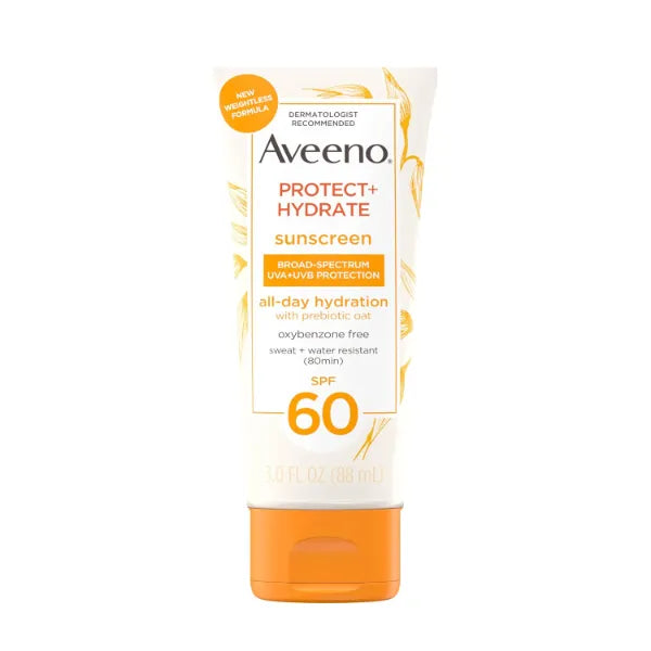 Aveeno Protect + Hydrate Moisturizing Sunscreen Lotion with Broad Spectrum SPF 30 & 60 Prebiotic Oat, Weightless Sweat & Water-Resistant Full Body Sunscreen, Oxybenzone-Free, 3.0 fl. oz
