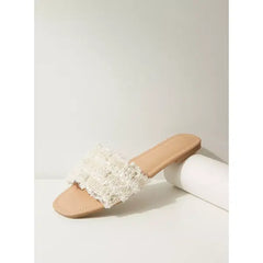 MAX FASHION Embellished Slip-On Flat Sandals-White