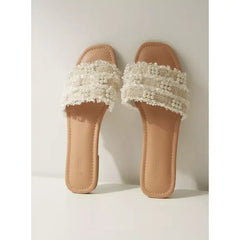 MAX FASHION Embellished Slip-On Flat Sandals-White