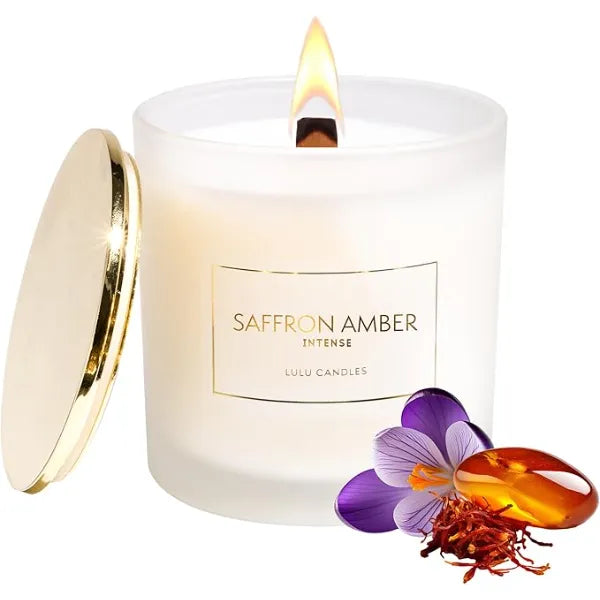 Lulu Candles Saffron & Amber Intense Smells Woody & Floral Luxury Scented Candle w/Wood Wick Hand Poured in The USA Highly Scented (9 Oz. with Gold Lid)